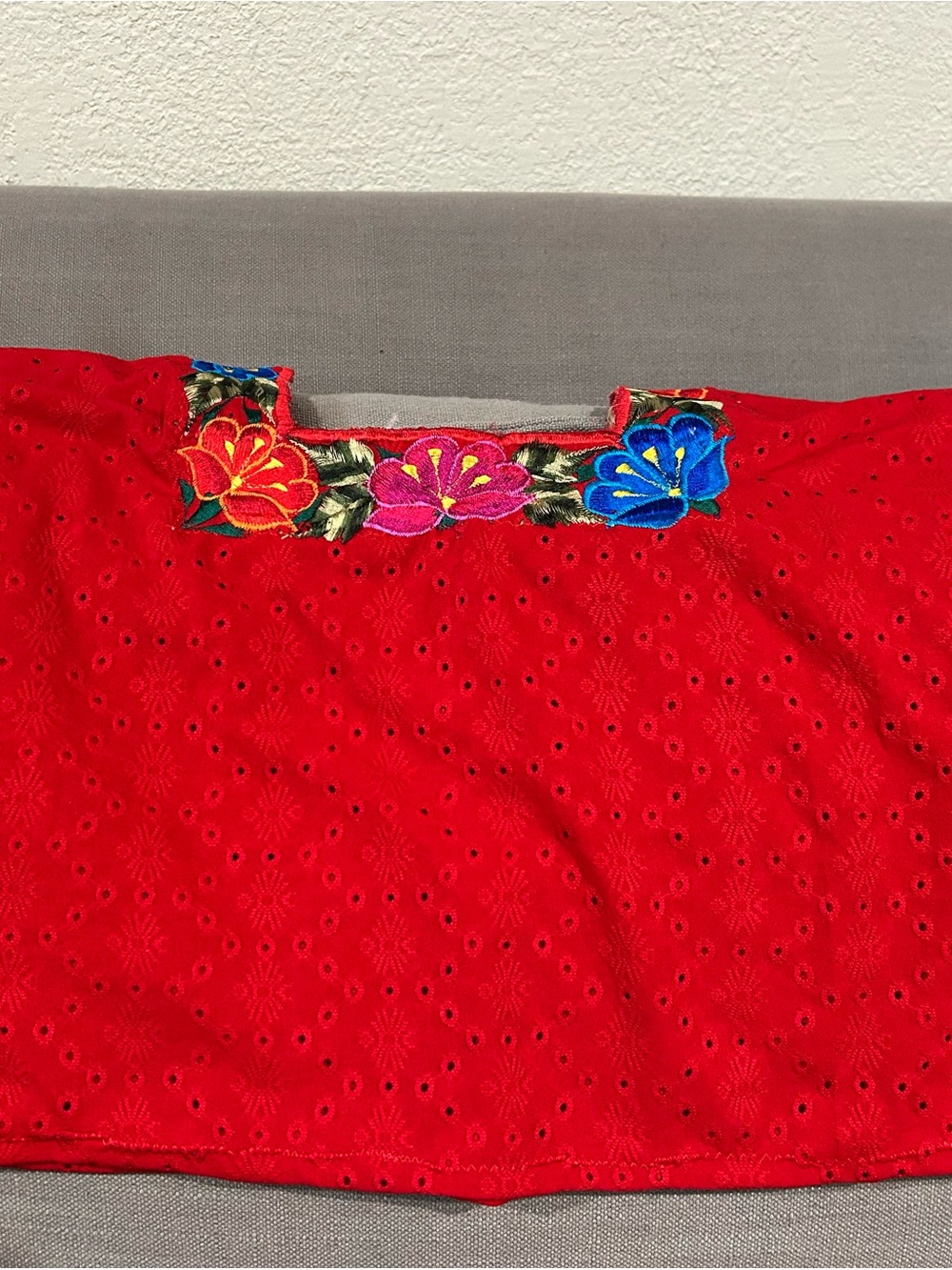 Red Eyelet Top with Floral Embroidered Neckline
